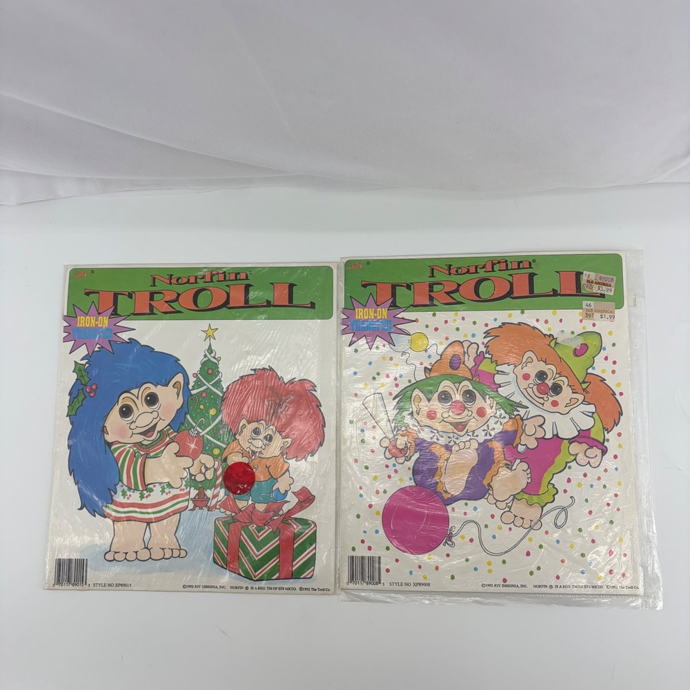 Vintage 1992 Norfin Troll Iron-On Transfer Lot Christmas & Clown Joy Insignia